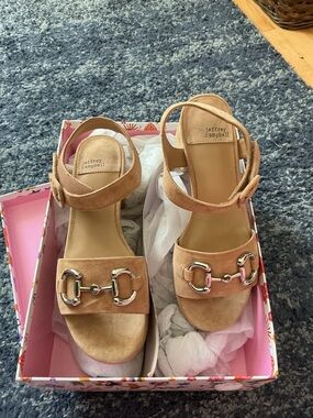 Jeffrey Campbell Tan Suede Slingback Sandals with Silver Horsebit